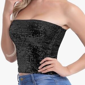 Black Sequin Stretchy Crop Tube Top